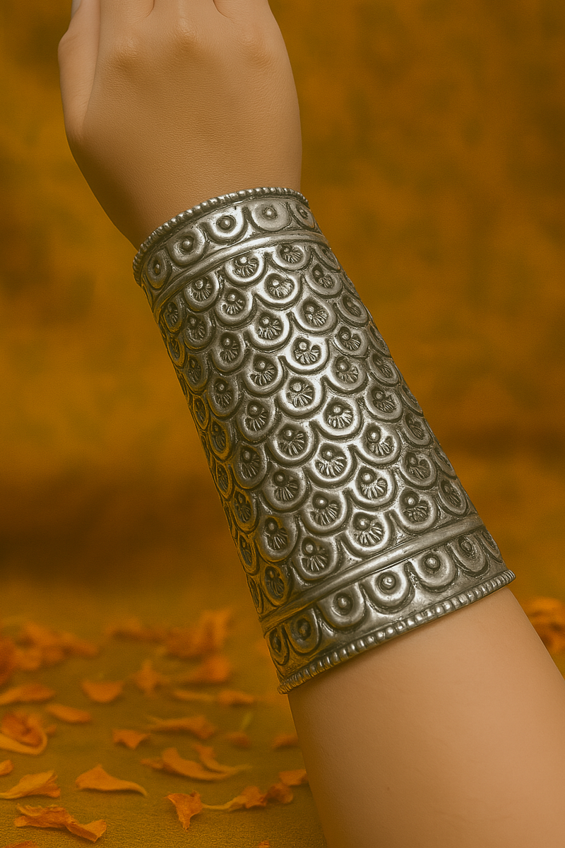 Silver arm cuff on a hand against an orange background